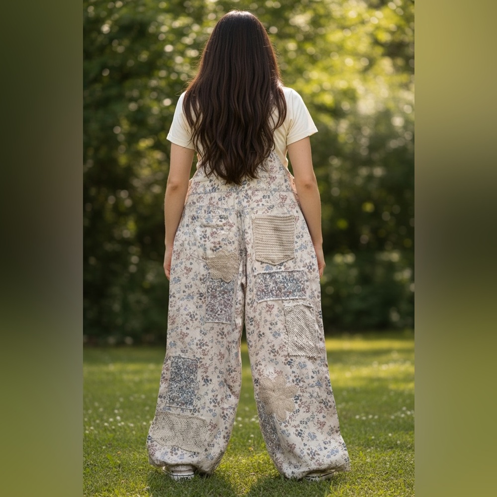 POL Large floral mixed print patchwork overalls N… - image 2